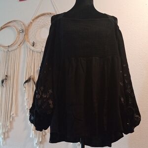 Off the shoulder Black Blouse with Embroidered Sleeves